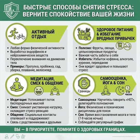 Инфографика на тему быстрых способов снятия стресса: активный отдых, здоровое питание, медитация, смех, социальные связи и качественный сон