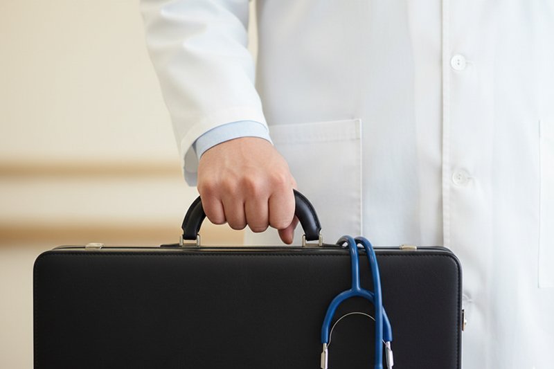 Чемодан и стетоскоп в руке врача