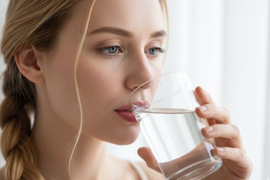 Девушка пьёт воду из стакана для минимизирования действия алкоголя
