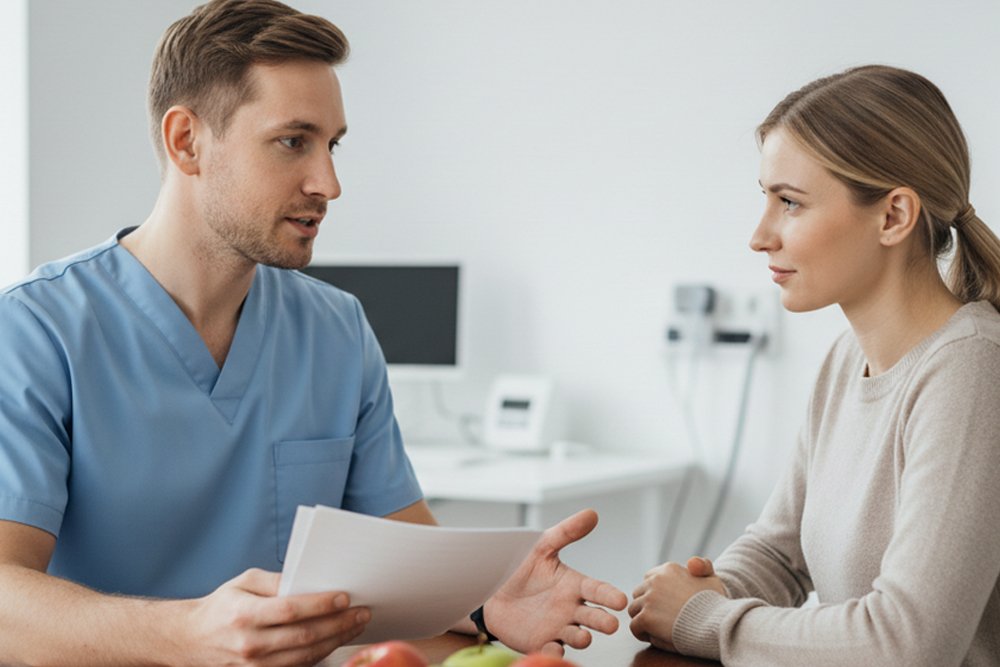 Диетолог беседует с пациентом на дому