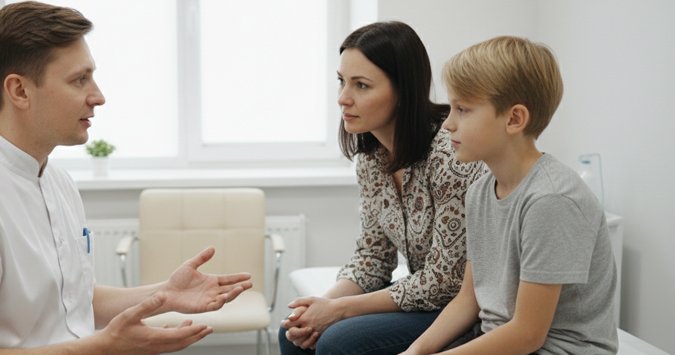 Доктор проводит консультацию мамы и ребёнка