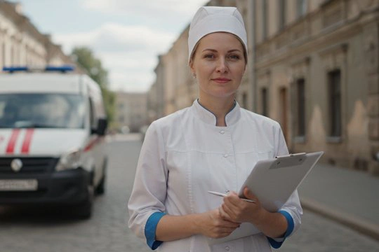 Фельдшер на фоне машины скорой помощи