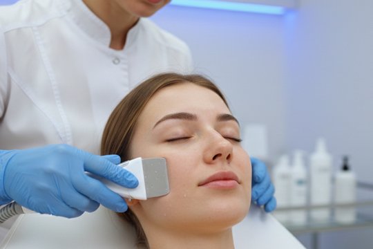Клиентка и косметолог во время чистки лица ультразвуком