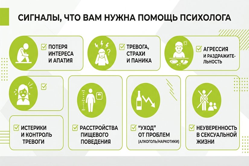 Инфографика с симптомами для обращения к психологу