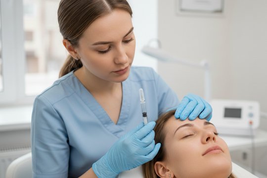 Косметолог делает инъекцию в губу пациентке