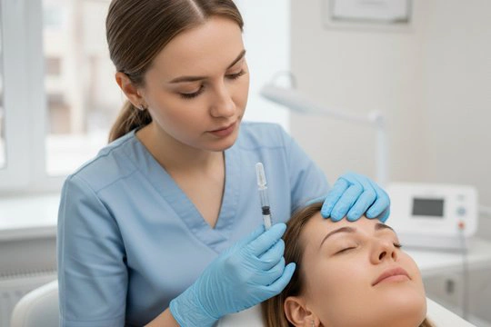 Косметолог делает инъекцию в губу пациентке