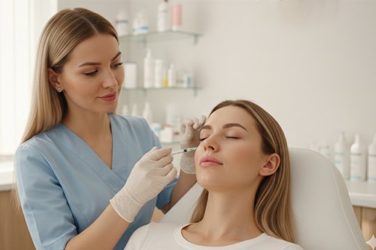 Косметолог делает клиентке инъекцию в лоб