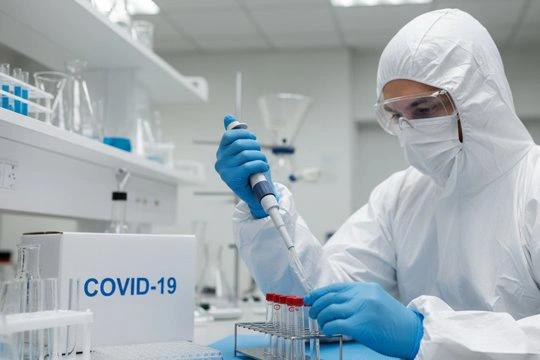 Лаборант берет материал для теста ПЦР на covid из пробирки