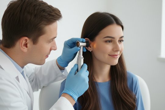 ЛОР обследует ухо пациентки