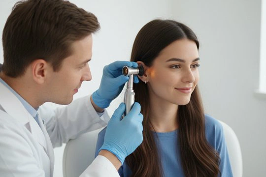 ЛОР обследует ухо пациентки