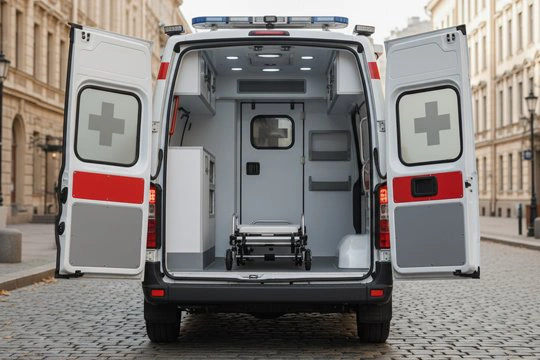 Машина скорой помощи с открытыми задними дверями
