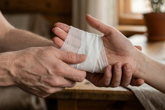 Медик делает перевязку руки пациенту