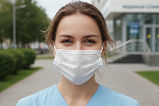 Медсестра в синей форме и медицинской маске