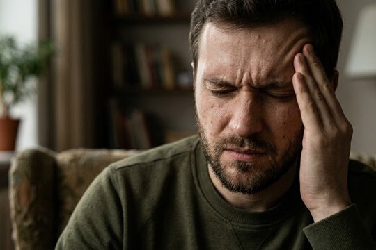 Мужчина, держась рукой за голову, испытывает мигрень после похмелья