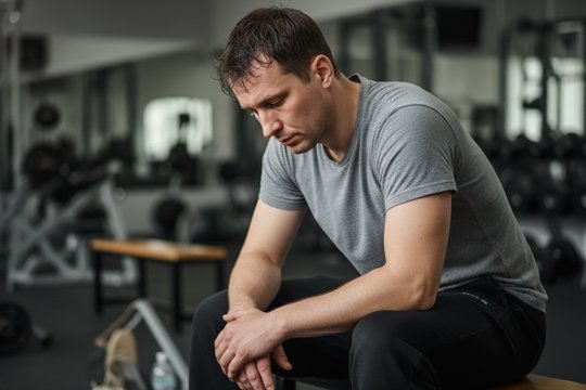 Мужчина после употребления алкоголя сидит в спортзале