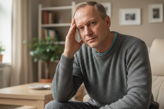 Мужчина сидит, держась рукой за виски из-за головной боли, вызванной алкогольной интоксикацией