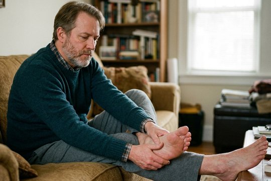 Мужчина сидит дома и разминает опухшие от злоупотребления алкоголем ноги