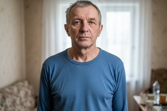 Мужчина зрелых лет с признаками длительного злоупотребления алкоголем стоит в своей квартире