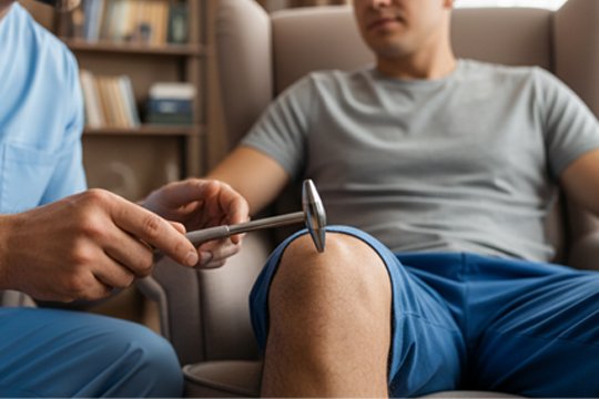 Невролог стучит по колену пациента