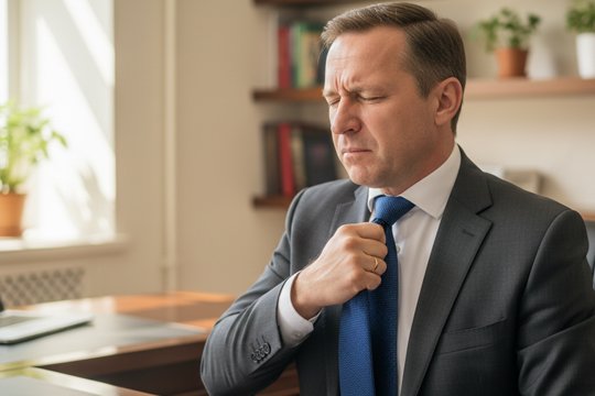 Офисный работник сидит на кресле и оттягивает рукой галстук из-за спазмов пищевода