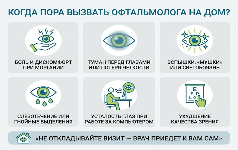 Инфографика с симптомами для вызова офтальмолога на дом