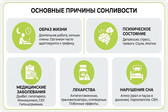 Инфографика с основными причинами дневной сонливости