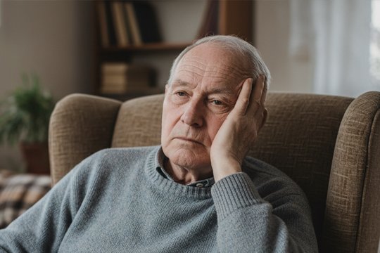 Пожилой мужчина с деменцией сидит в кресле