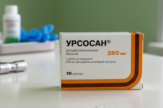 Препарат Урсосан на столе в медицинском кабинете