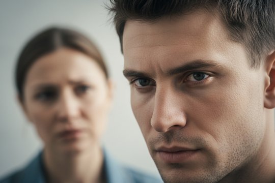 Раздражённый мужчина стоит в комнате, а обеспокоенная женщина стоит сзади и смотрит на него