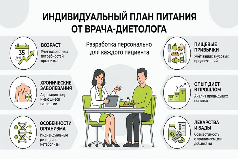 Инфографика, описывающая процесс разработки индивидуального плана питания врачом-диетологом