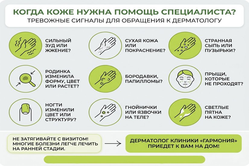Инфографика с симптомами кожных заболеваний