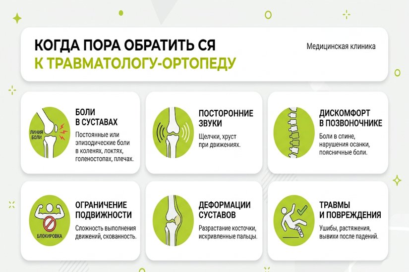 Инфографика симптомов для обращения к травматологу-ортопеду