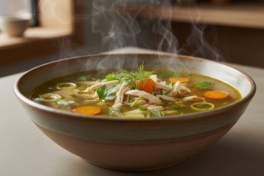 Тарелка куриного бульона на столе в кухне