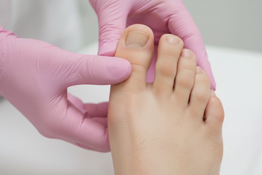 Босая стопа и руки в резиновых перчатках