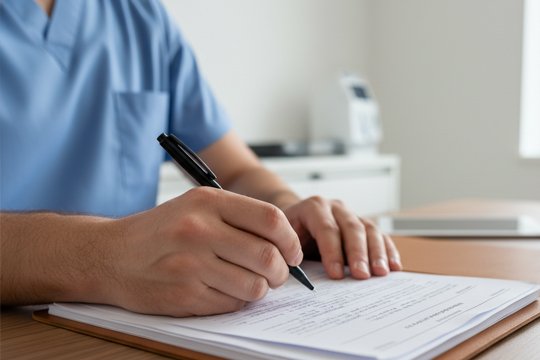 Врач делает записи за столом