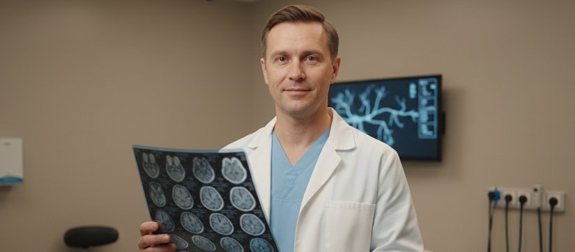 Врач держит в руках снимки МРТ головы