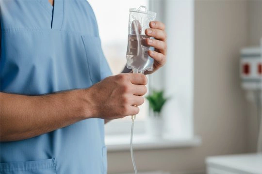 Врач держит в руке флакон для капельницы