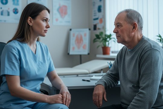 Врач консультирует пожилого пациента по вопросам приёма глицина