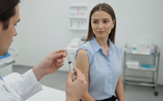 Врач набирает в шприц вакцину от ВПЧ для пациентки в клинике