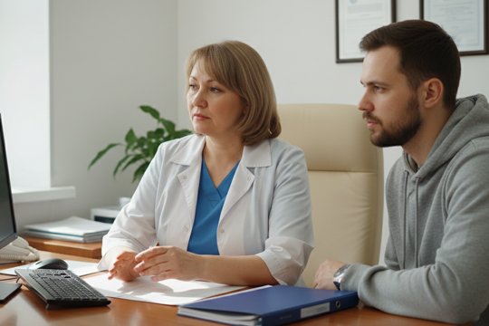 Врач обсуждает с пациентом анализы на компьютере