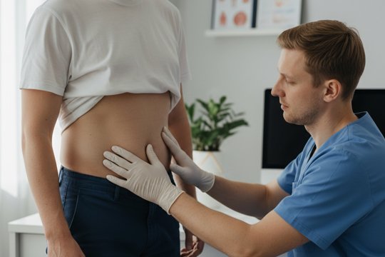 Врач ощупывает живот пациента в медицинском кабинете