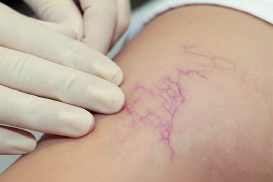 Врач осматривает участок ноги с расширенными капиллярами