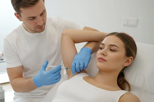 Врач осуществляет инъекцию пациенту в подмышечную впадину в рамках лечения гипергидроза
