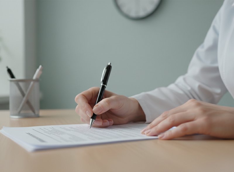 Врач подписывает медицинскую карту для детского сада