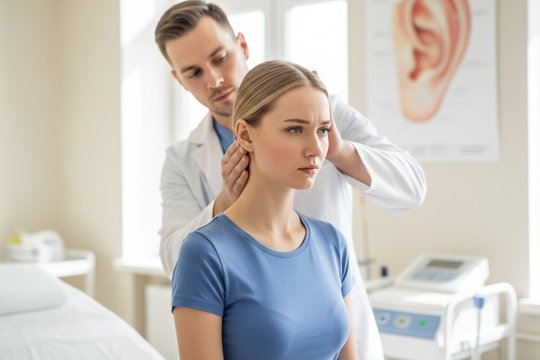 Врач проводит манёвр Эпли для девушки в клинике