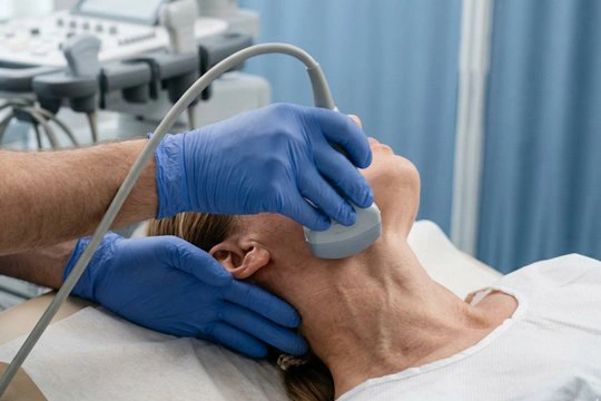 Врач проводит УЗИ щитовидной железы пациентке