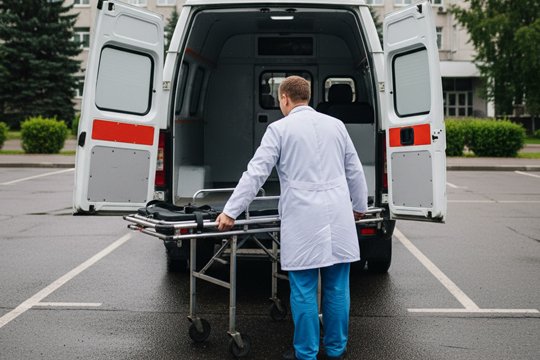 Врач закатывает каталку в машину скорой помощи