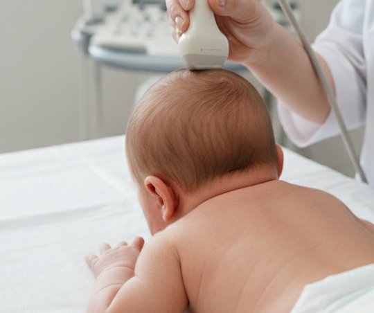 Врачи проводят УЗИ головного мозга ребёнку