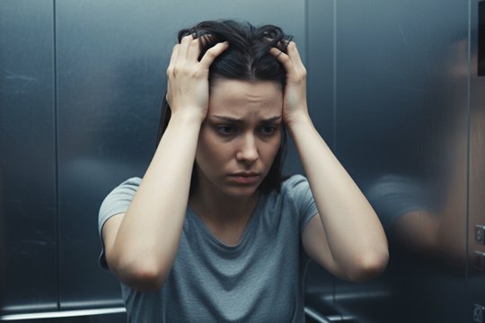 Застрявшая в лифте девушка держится руками за голову