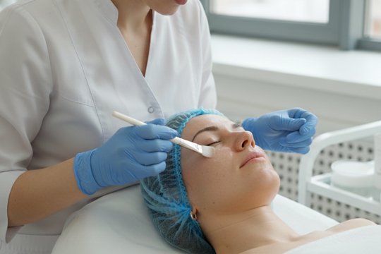 Женщина на кушетке во время процедуры миндального пилинга